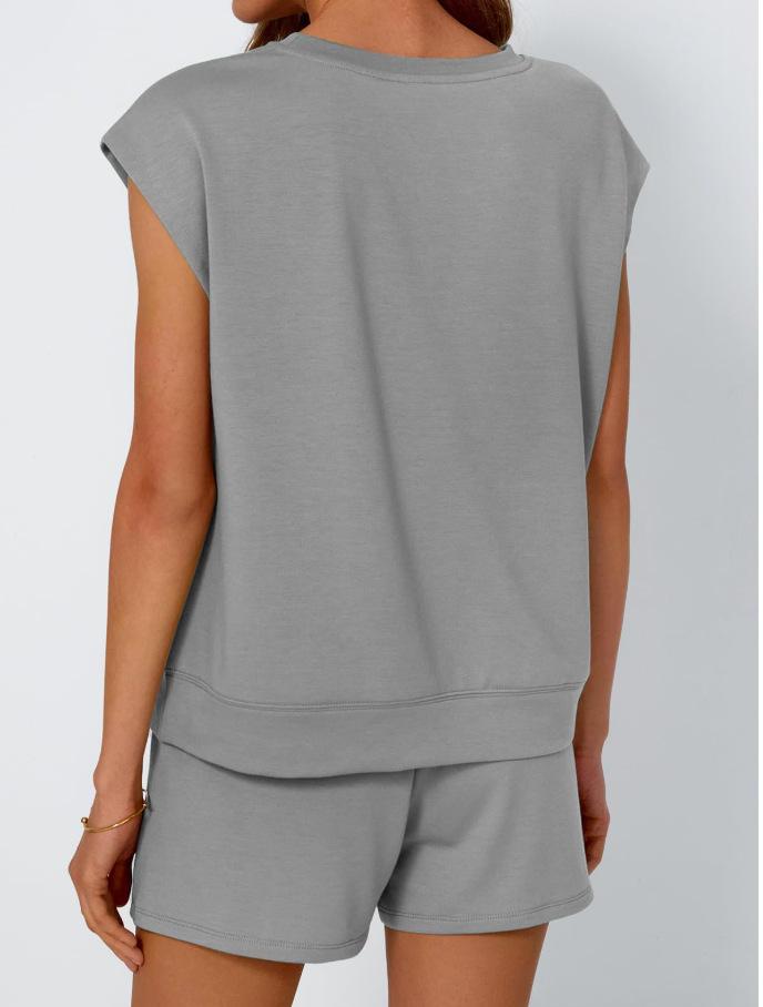 Women's 2-Piece Lounge Set - Sleeveless Cap Sleeve Top & Drawstring Pocket Shorts