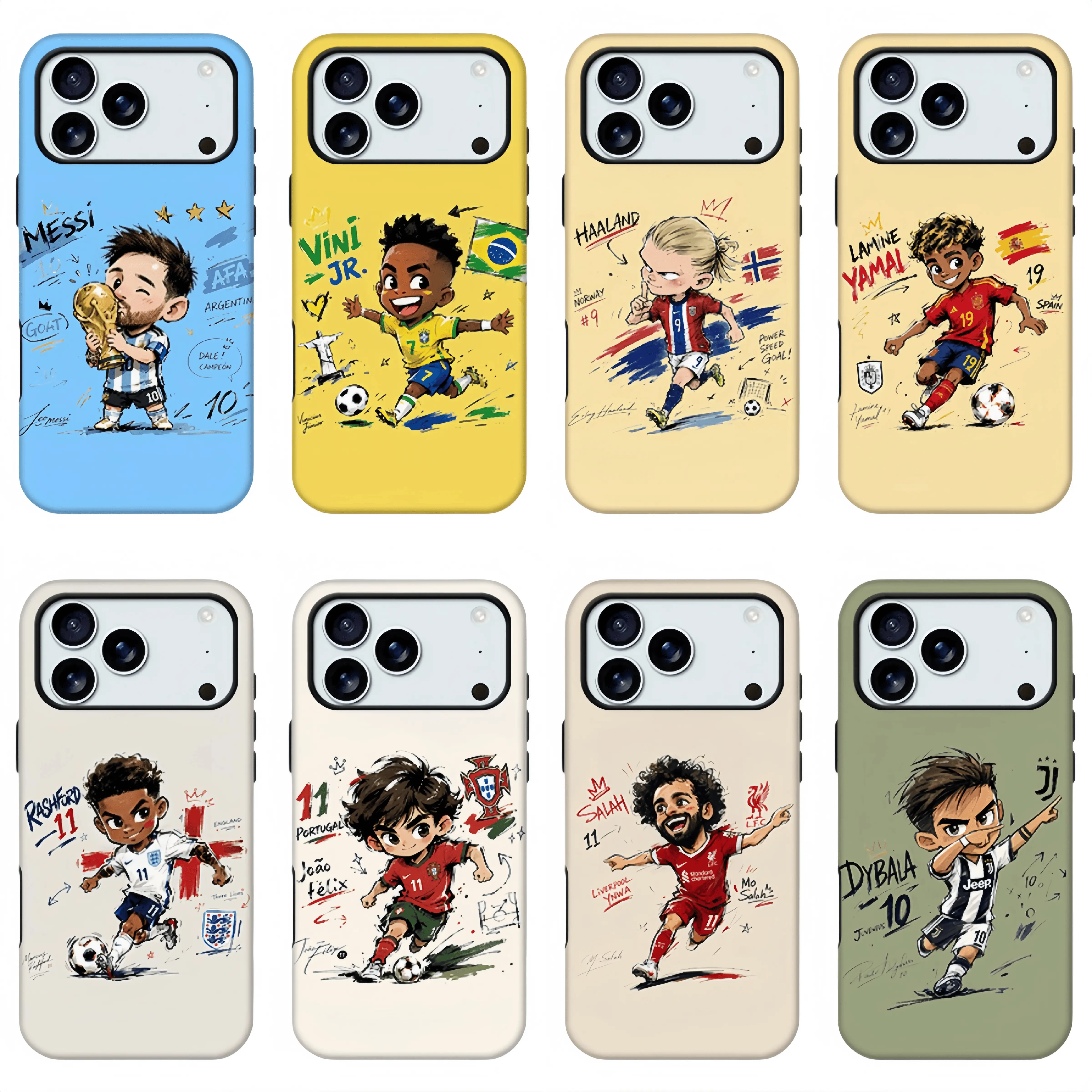 Durable Anime Q Version Cartoon Soccer Athlete Phone Case, Graffiti National Team Football Print Designer Cover for iPhone 11-17 Pro Max, Samsung S21-S26, Stylish Gift for Her/Him