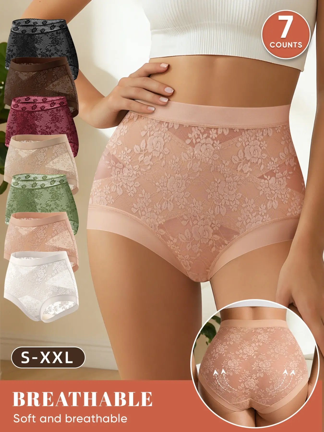 7-Pack Floral Lace Women's Underwear, S-Xxl, Multi-Color, Fitted, Comfortable Seamless Triangle Panties, All Seasons