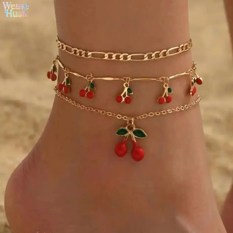 3‑Pack Multi‑Layer Beaded Anklet Set, Summer‑Wear Accessory Essentials, Sparkling Rhinestone‑Cherry Foot Bracelets, Delicate Trendy Adjustable Foot Jewelry for Casual‑Wear and All‑Season Outfit‑Matching