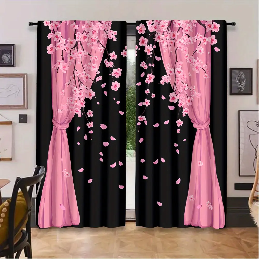 2-piece set of pink cherry blossom petal romantic curtains, suitable for bedrooms, boudoirs, Japanese tea rooms, and cherry blossom-themed spaces, adorned with pink cherry blossoms and falling petals, creating a beautiful and romantic spring atmosphere Sn