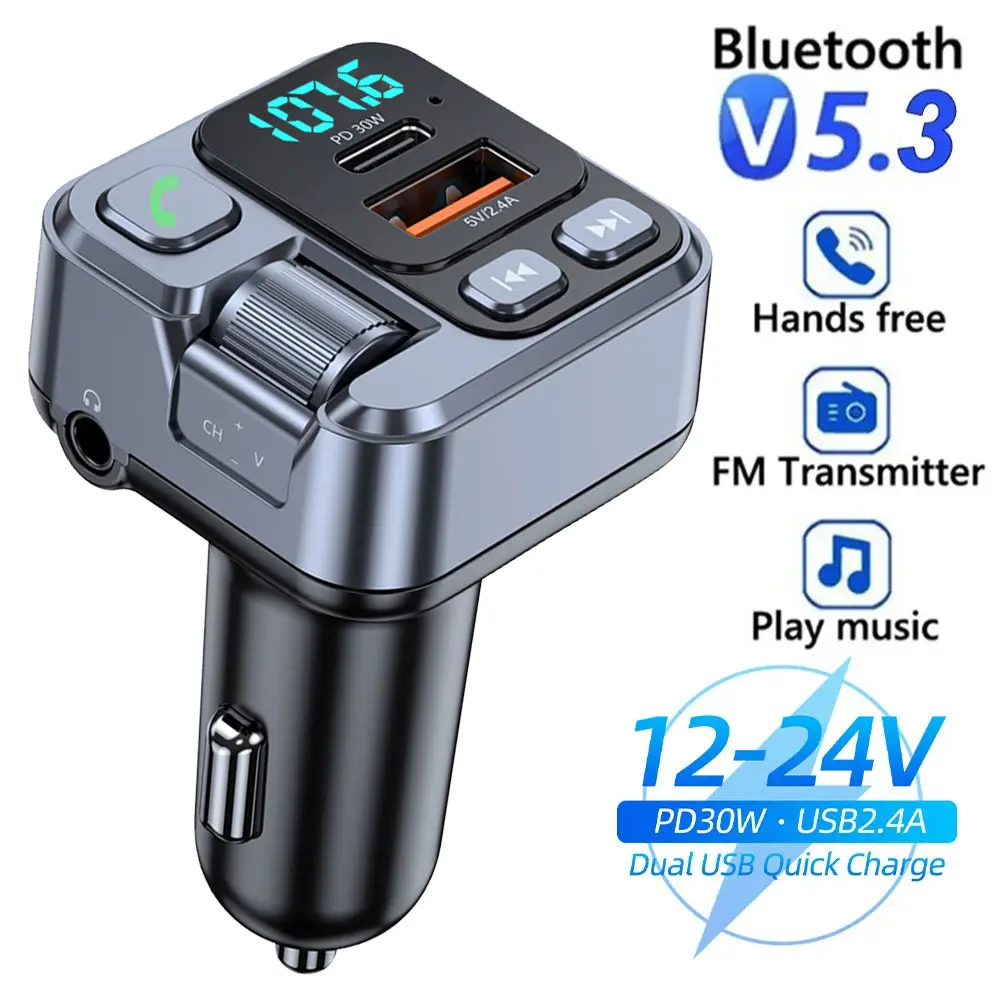 Car FM Transmitter with Bluetooth Receiver, 30W PD Fast Charging, USB/UDisk Read, Digital Display, 12-24V Car Phone Adapter, 3.5mm Audio AUX, Hands-Free Calling, Short-Circuit Protection, Over-Voltage Protection, Noise Reduction