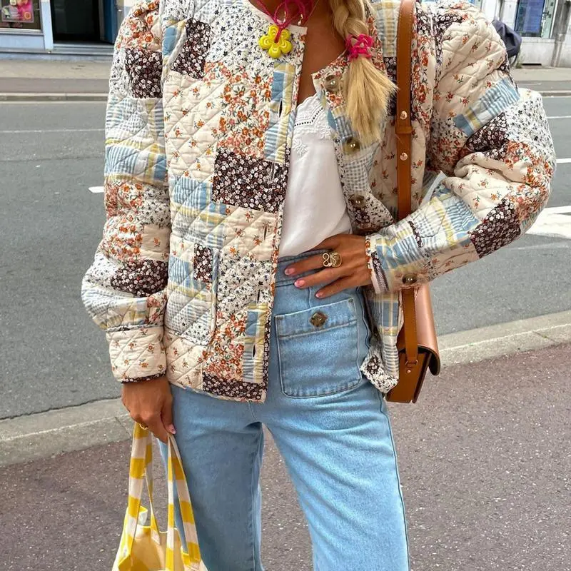Women Fall Quilted Jacket, Lightweight Floral Print Casual Long Sleeve Button Cardigan, Ladies Outwear Streetwear, Ladies Clothes for Indoor Outdoor Wear, Ladies Clothes for Daily Wear
