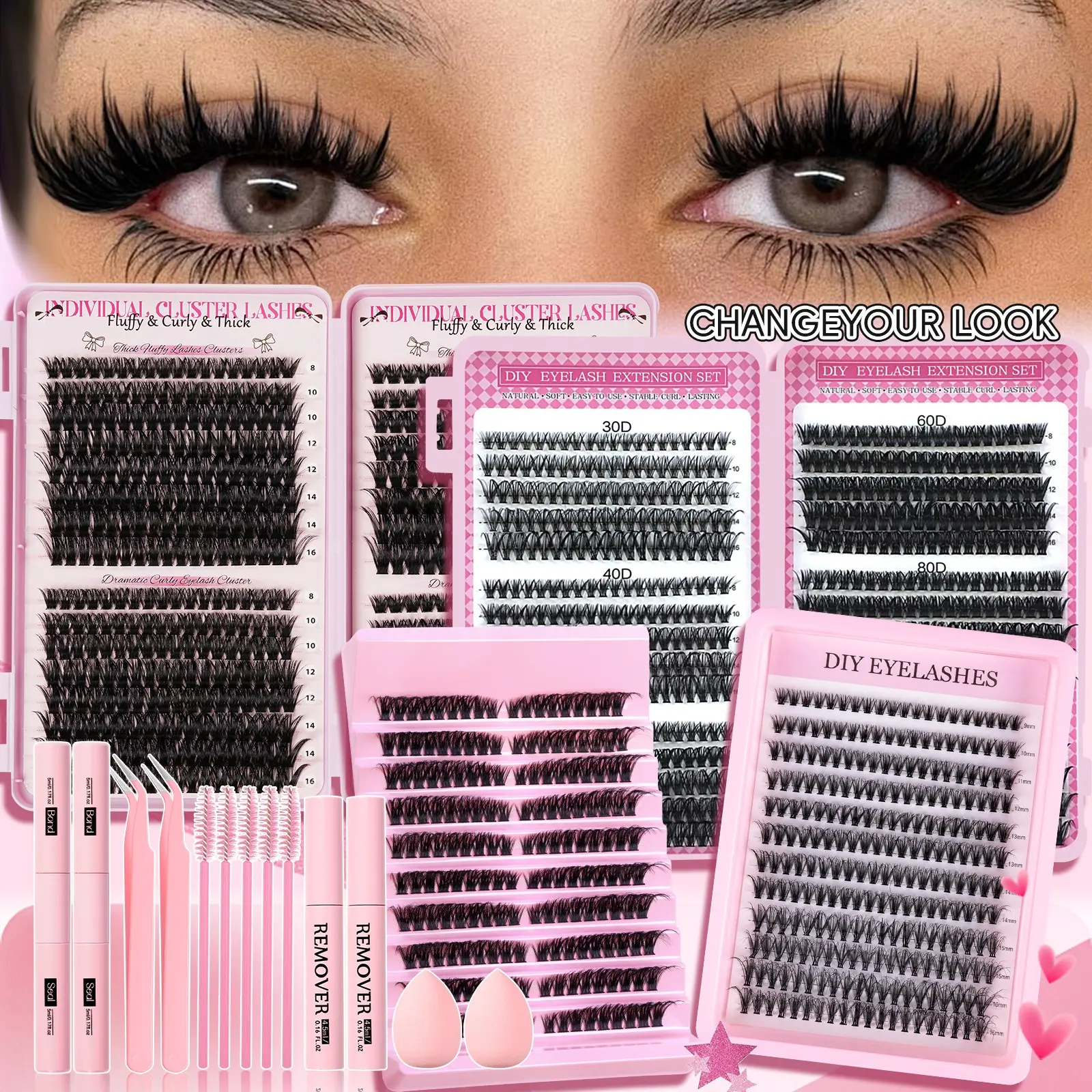 Mixed Length Individual False Eyelashes Kit, DIY Eyelash Extensions, DIY Volume Eyelashes, Natural-Looking Eyelash Extensions with Accessories, Self-Grafting Curling Lashes for Women, Makeup Products