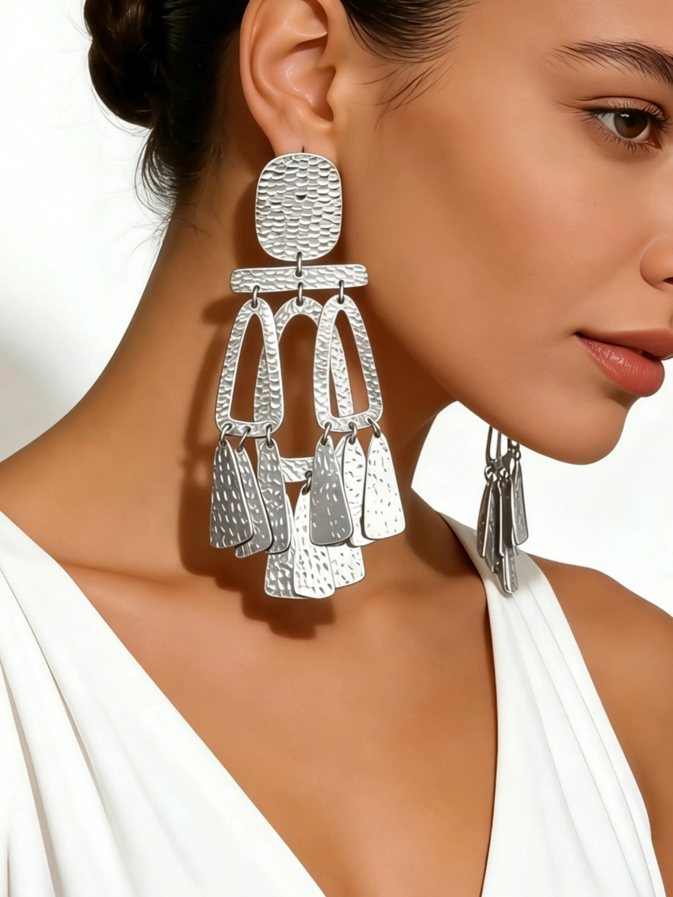 Women's Fashion Dangle Earrings, Hammered Texture Geometric Hollow Multi-Layer Fringe, Bohemian Metal Style, Party & Daily Wear