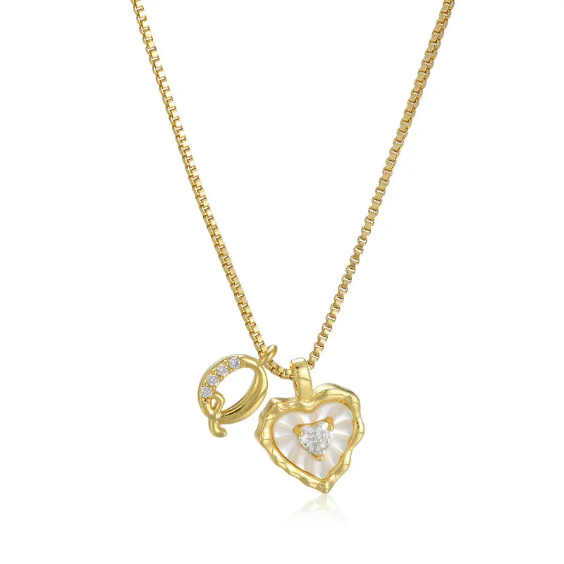 14K Gold Plated Heart Shaped Letters Micro Pave Chain Necklace with A-Z Letter Pendant | Personalized 26 Initial Pendant with Heart White Shell Pendant Necklace for Women, Birthday Anniversary Jewelry Gift