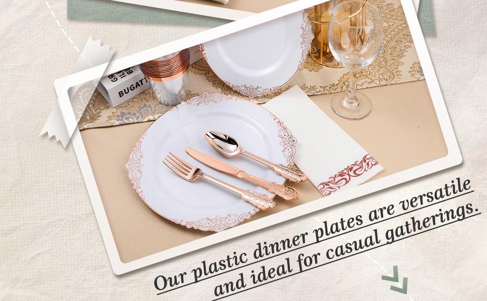Rose Gold Plastic Plates Set for 50 Guests 100 Disposable Plates 150 Silverware 50 Cups 50 Napkins Elegant Vintage Trim Perfect for Christmas Party Wedding Birthdays & Anniversary