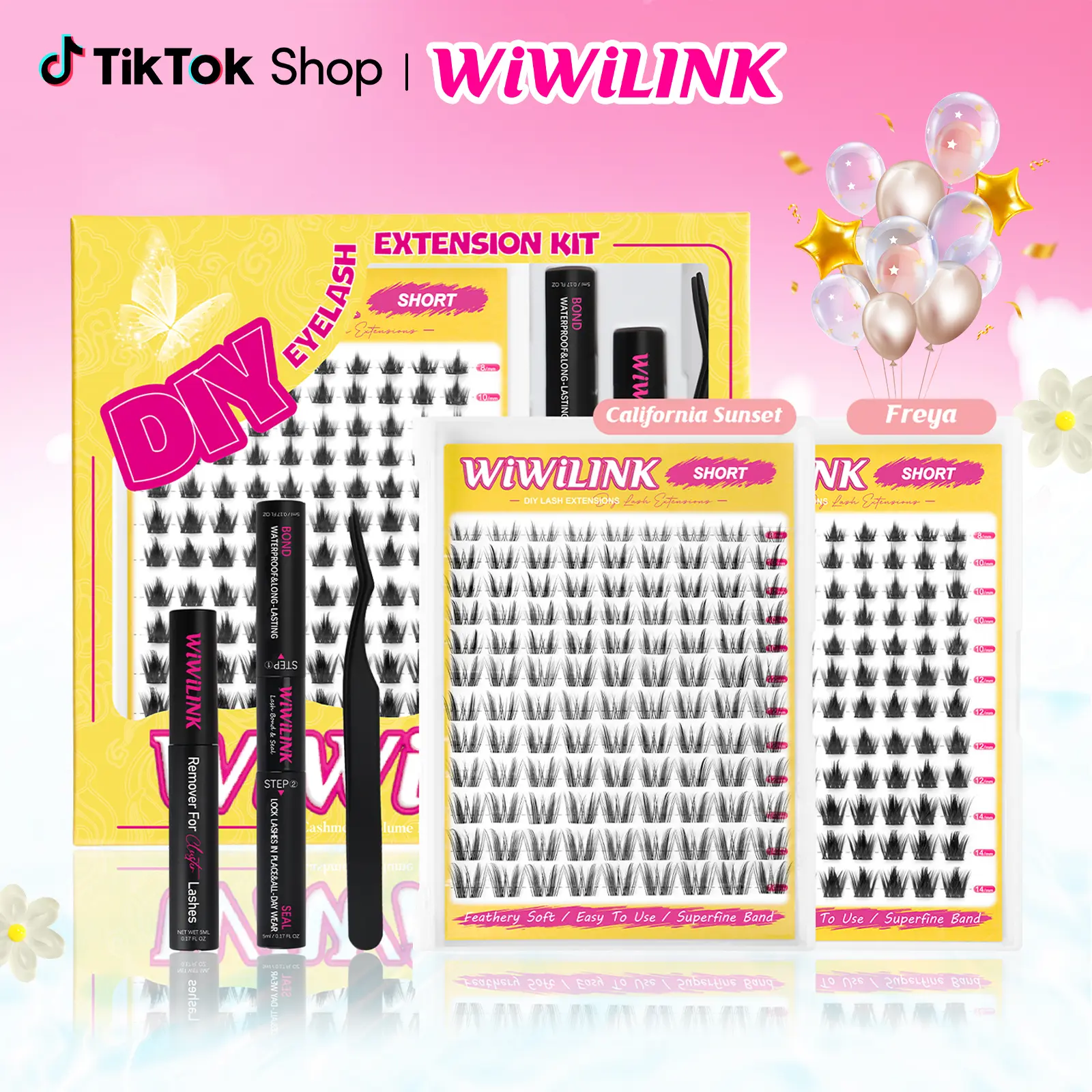 WiWiLink Short Manga Lashes, California Sunset Short, Freya Short | Cluster C/D Curl  Extension Kit | 8-14mm Lash Clusters with Bond, Seal, Remover - Ultra-Thin Transparent Bands |  Magic Anime False Eyelash Extension Kit dealsforyoudays