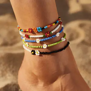 2026 Colorful Seed Bead Anklet Set for Women Y2K Flower Beaded Ankle Bracelet Pack Handmade Jewelry Gift Summer Vacation Beach Party Travel Cruise