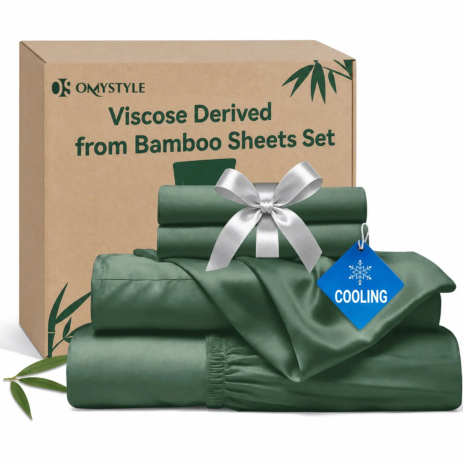 OS OMYSTYLE Cooling Bamboo Sheets 4-Piece Bedding Set, Ultra Soft & Breathable Luxury Bed Sheets For Hot Sleepers, Extra Deep Pocket Smooth Fitted Sheet & Pillowcases for Night Sweats，All Seasons For Men，Women