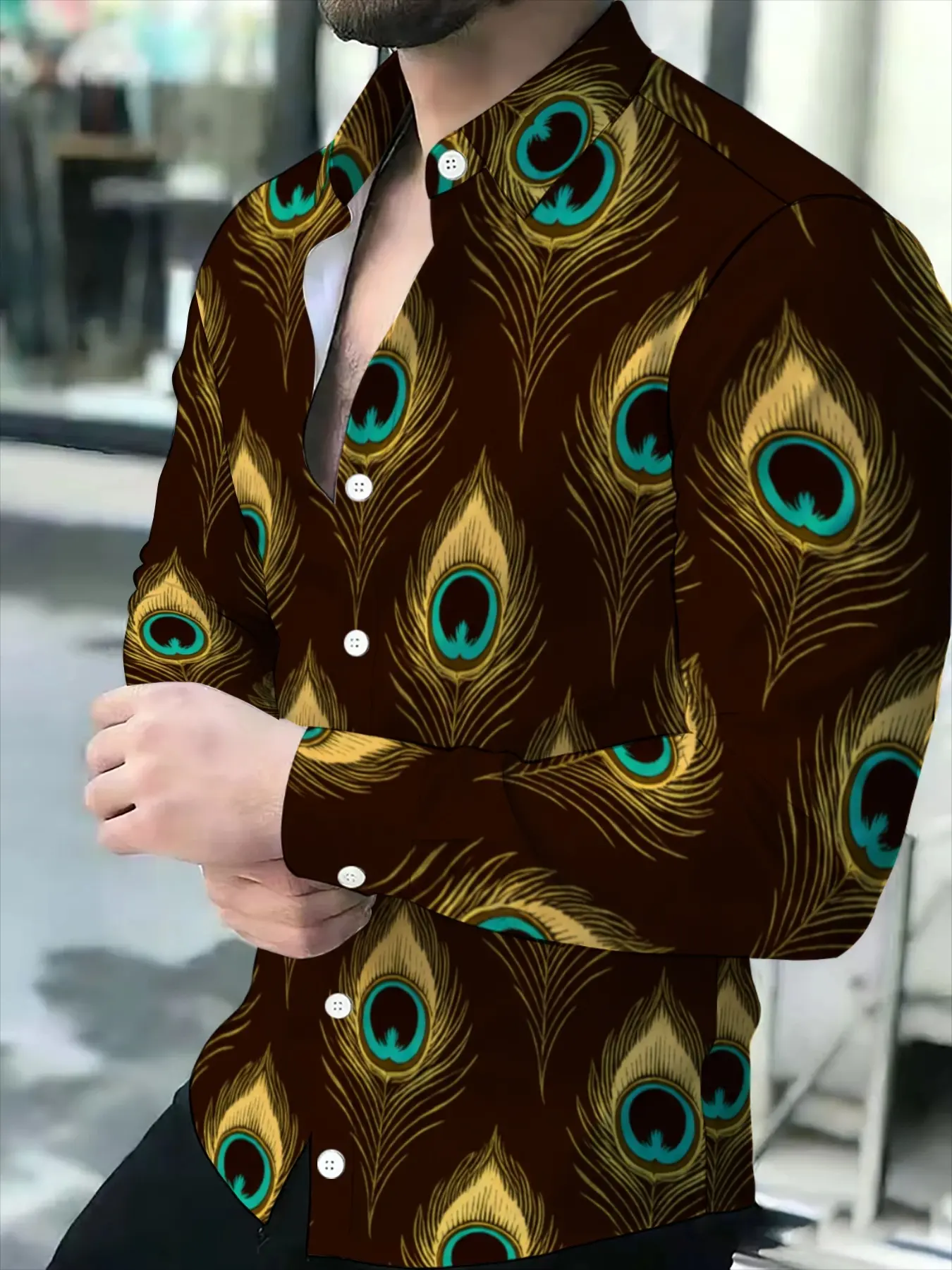 Men's Long-Sleeve Shirt, Fashion Fitted Casual, Novel Peacock Feather Pattern