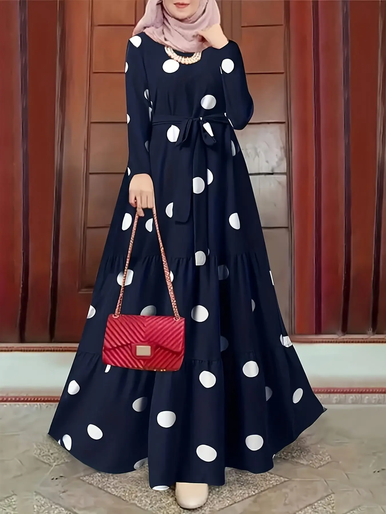 Women's Navy Polka Dot Tiered Abaya, Elegant Modest Style, Round Neck & Waist Tie, Long Sleeves, Muslim Dress, Islamic Clothes, Islamic Modesty Clothes, Perfect for Ramadan/eid