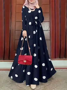 Women's Navy Polka Dot Tiered Abaya, Elegant Modest Style, Round Neck & Waist Tie, Long Sleeves, Perfect for Ramadan/eid