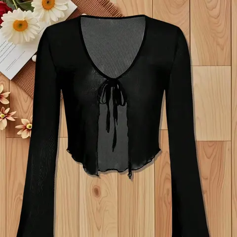 Women's Ruffle Tie Short Sun Protection Cardigan, Soft Beach Vacation Top, Strapless Outerwear, Flared Sleeve Lightweight Cover-Up