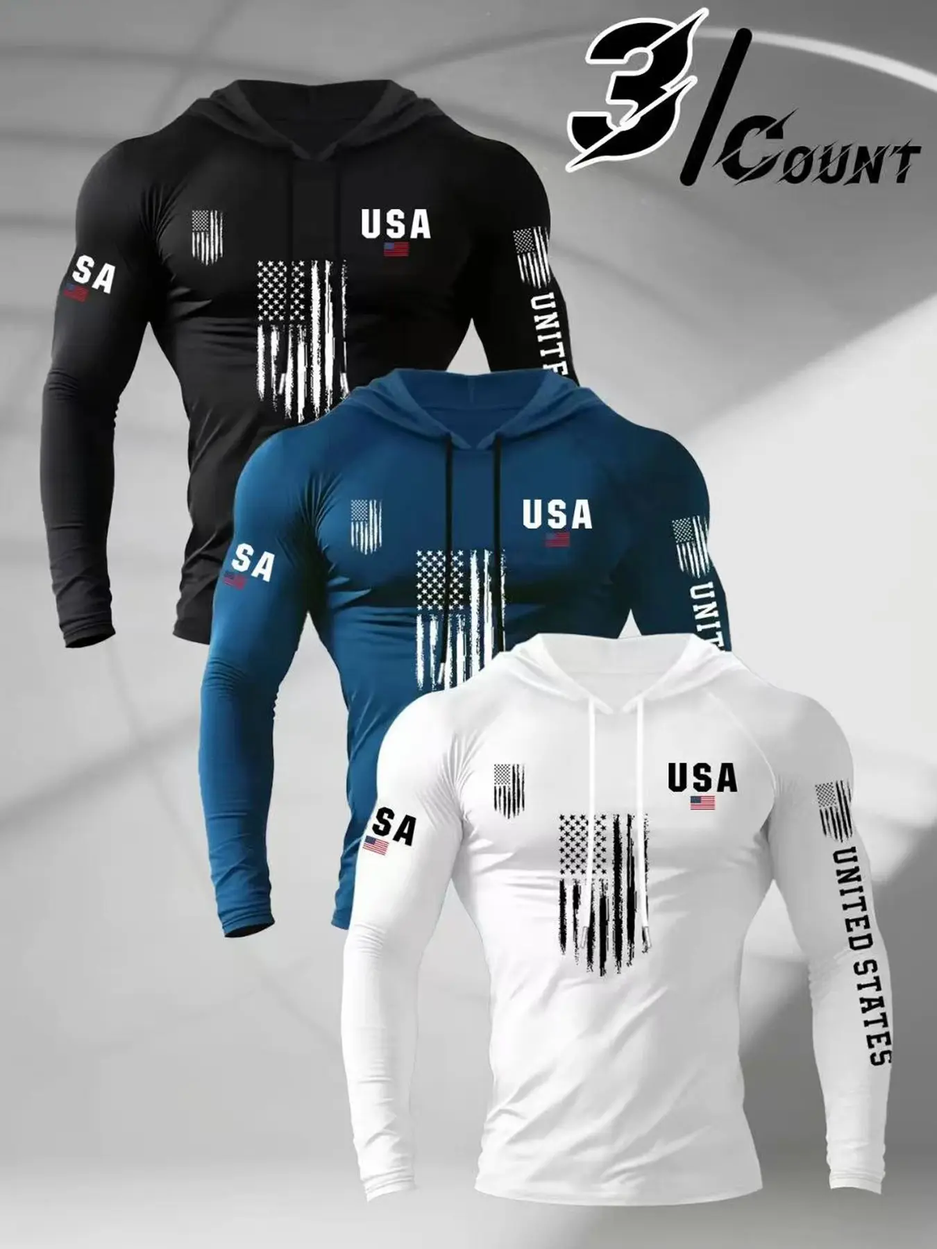 Men's Classic 3-Piece Set Underwear, Usa Flag Print Long Sleeve T-Shirt, Casual Fitted Top, Graphic Pattern, Unlined