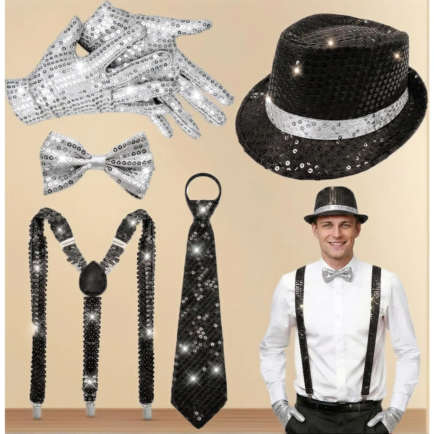 1970s Disco Menswear Costume Set - Sequin Hat, Tie, Suspenders, Gloves for Men's Halloween Party Cosplay