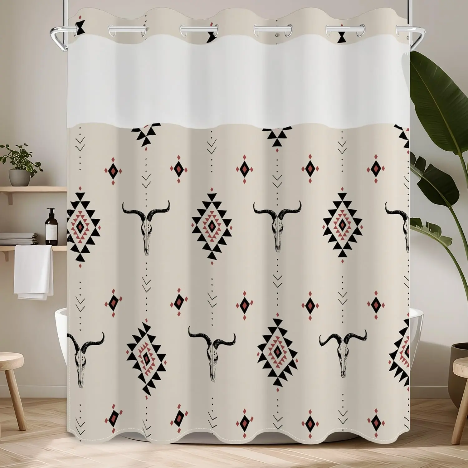 No Hook Shower Curtain with Snap in Fabric Liner Set, Waterproof & Washable, Western Aztec Cowboy Shower Curtains for Bathroom, Ethnic Southwest Bull Skull Cow Bathroom Curtain, House Gift, 71x74 inch