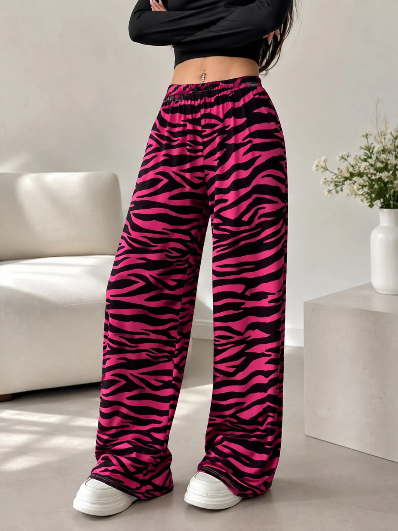 Y2K Zebra Print Wide Leg Pants, Elastic Waist Drawstring High Waist Flowy Long Pants, American Style Loose Pocket Casual Pants