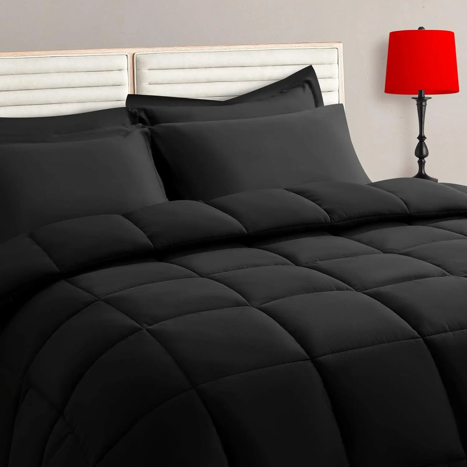 Queen Size Comforter Set - 7 Pieces, Bed in a Bag Bedding Sets with All Season Soft Quilted Warm Fluffy Reversible Comforter,Flat Sheet,Fitted Sheet,2 Pillow Shams,2 Pillowcases,Black