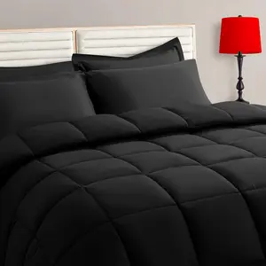 Queen Size Comforter Set - 7 Pieces, Bed in a Bag Bedding Sets with All Season Soft Quilted Warm Fluffy Reversible Comforter,Flat Sheet,Fitted Sheet,2 Pillow Shams,2 Pillowcases,Black