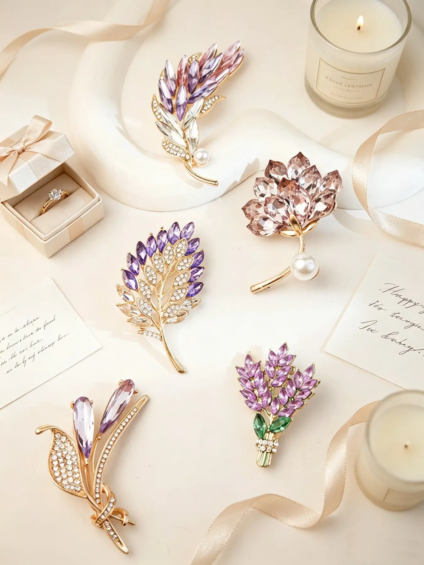 6Pcs Purple Crystal Flower Brooches for Women, Gold Plated Lavender Leaf Floral Rhinestone Lapel Pin Set with Faux Pearl, Elegant Decorative Brooch for Wedding Dress Scarf Coat Suit, Jewelry Gift for Bridesmaid Ladies Evening Party