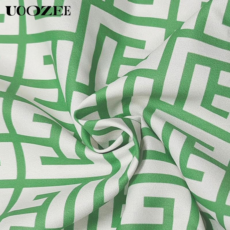 UOOZEE Women's Multicolor Geometric & Printed Lapel Three-Quarter Sleeve Buttoned Collared Mini Dress Casual Summer Shirt Style Stylish Design, No Stretch Daily Multi-Occasion Wear Shirt Mini Dress