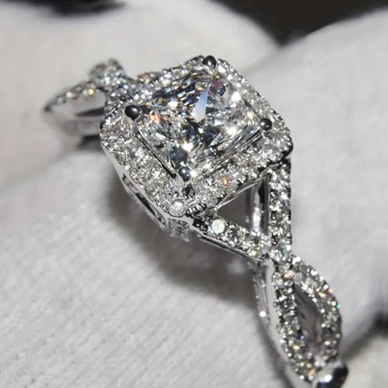 Luxury Cushion Cut Twisted Band CZ Ring for Women | Cross Geometric Stackable Engagement Statement Jewelry