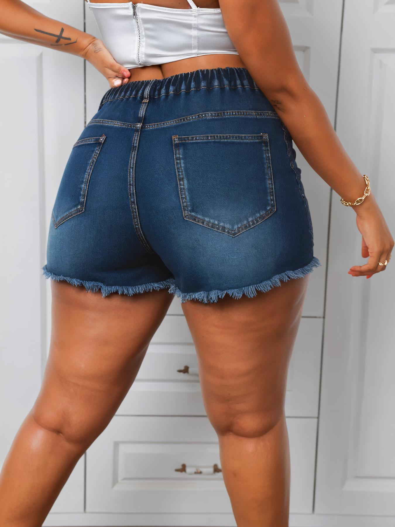 Plus Size Ripped High Waist Denim Shorts, Fashion Casual Pocket Shorts for Daily Outdoor Wear, Women Jeans Shorts for Summer