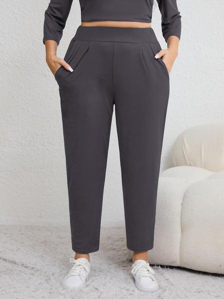 Plus Size Solid Plicated Pocket Elastic Waist Joggers, Casual Sporty High Waist Trousers for Women, Women's Sportswear for Indoor Outdoor Wear Plus Size Solid Plicated Pocket Elastic Waist Joggers, Casual Sporty High Waist Trousers for Women, Women's Sportswear for Indoor Outdoor Wear