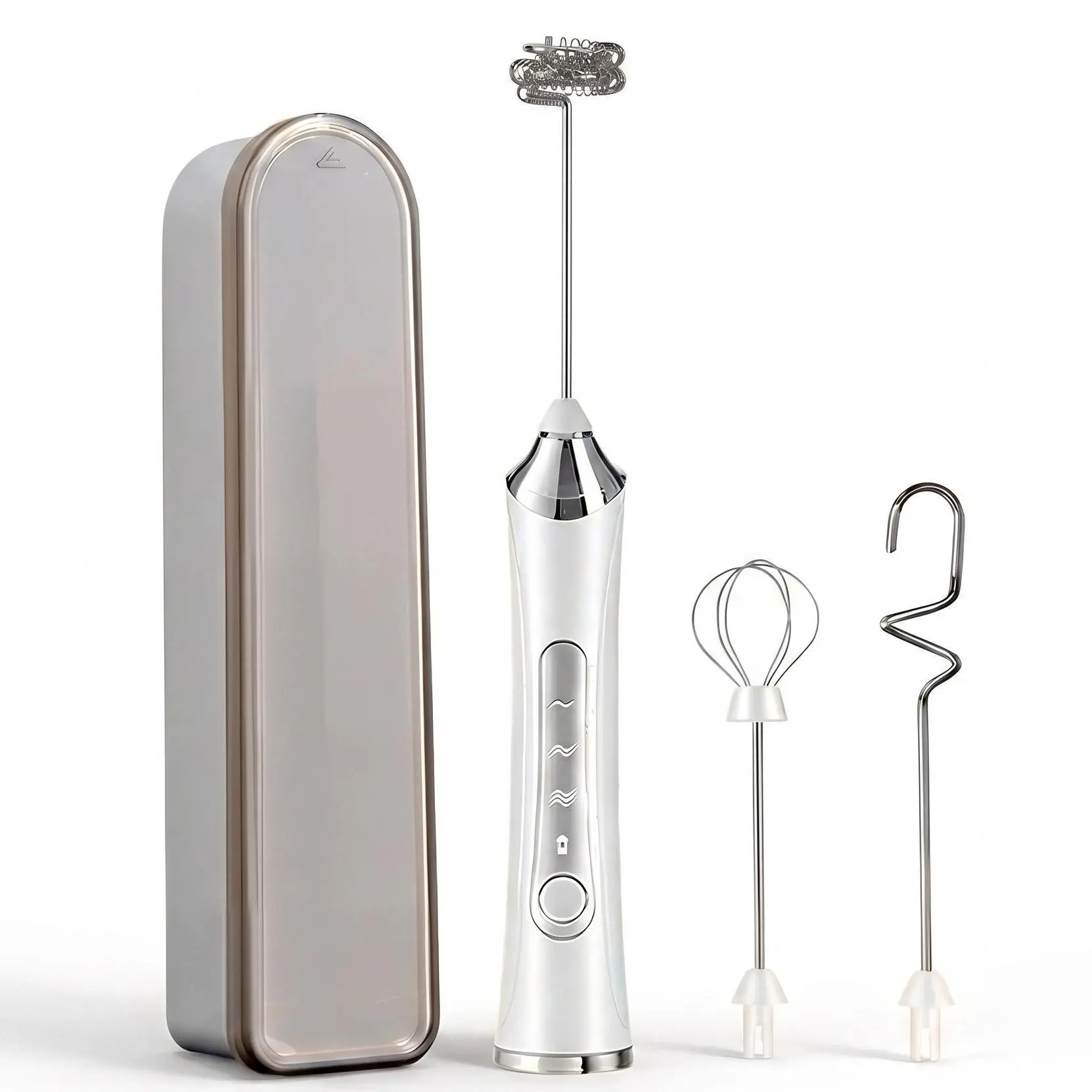 Wireless Hand Mixer Set with Storage Box, 3-Speed USB-C Milk Frother Egg Beater, 3 Stainless Steel Attachments (Whisk, Milk Foam, S Dough Head), Portable Blender for Coffee, Cake & Dough, Gift for Bakers & Coffee Lovers