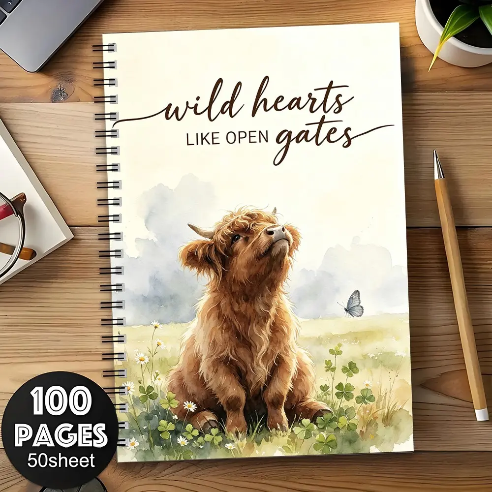 Watercolor Highland Cow A5 Spiral Notebook Cute 100 Pages 50 Sheets, Wild Hearts Like Open Gates Inspirational Quote Journal, Boho Country Cottagecore Aesthetic, Cow Lover Gift Desk Notebook Back To School Stationery