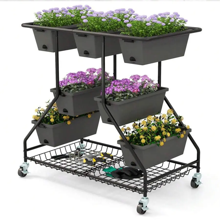 3-Tier Vertical Raised Garden Bed W/ 7 Planter Boxes Drainage Holes Storage Shelf