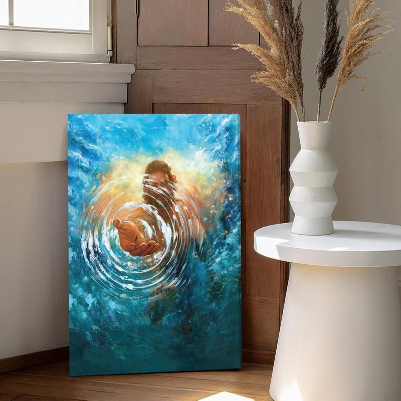 1 Count Framed Jesus Christ Canvas Wall Art The Hand of God Jesus Reaching Into Water Christian Painting Prints Biblical Wall Decor Religious Room Decor for Church Prayer Room Schools Hospitals 16x24inch
