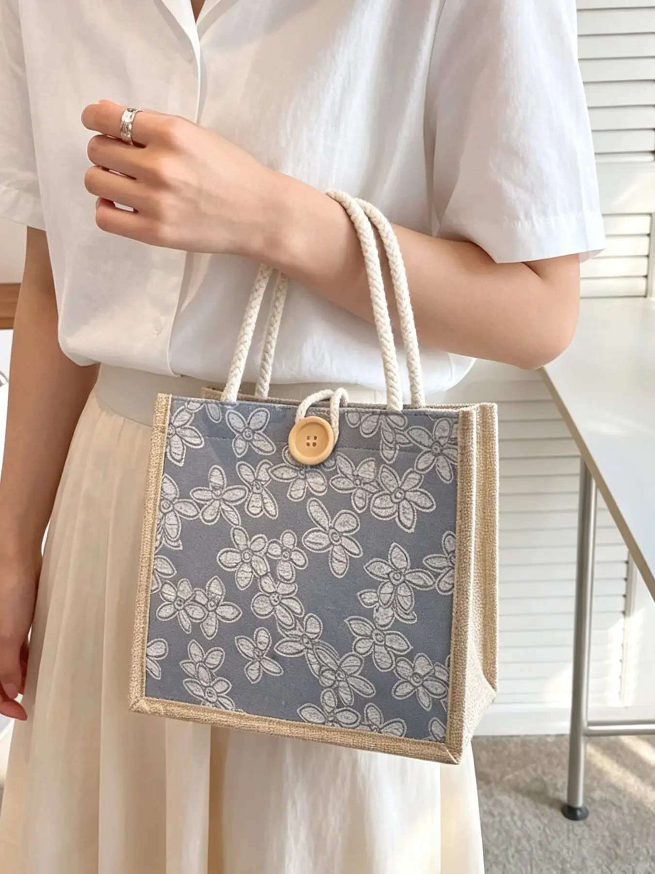 Floral Blue Linen Tote Bag, Boho Style, Button Closure, Large Capacity, Ideal for Daily Commute, Shopping, Travel, All Seasons