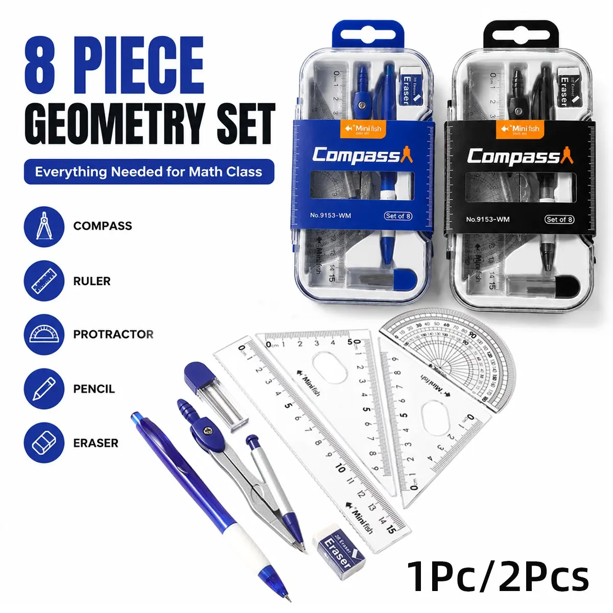 Complete 8 Piece Geometry Set Math Kit with Compass Ruler Protractor Triangle Rulers Pencil Eraser, School Supplies for Geometry Class Drawing Measuring Learning Essentials,Back to School