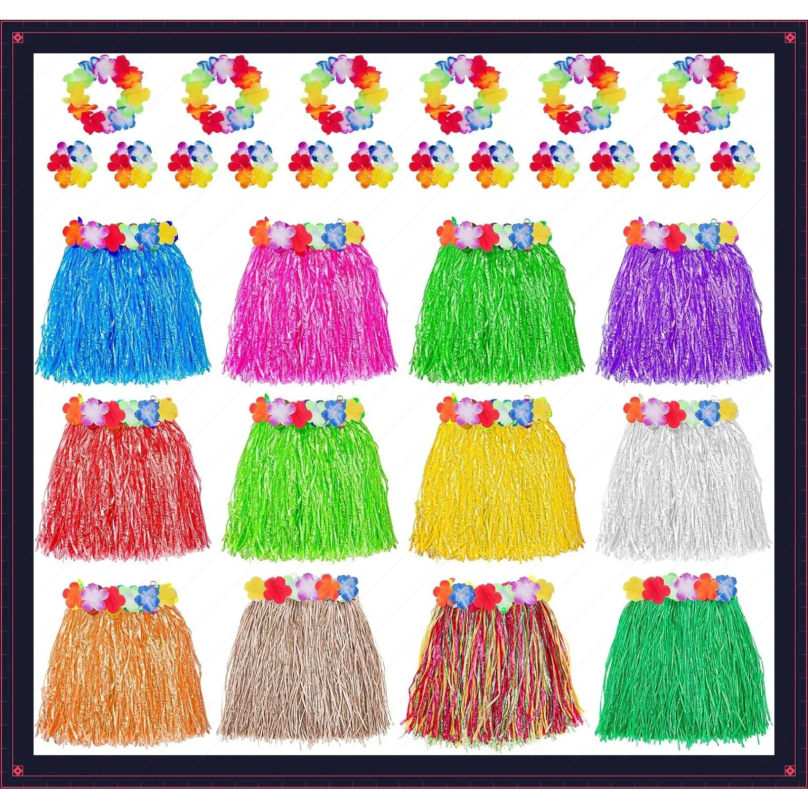 48Pcs Hawaiian Luau Party Supplies Set - 12 Grass Hula Skirts, 12 Headbands, 24 Wristbands for Tropical Themed Decorations FestivalGift