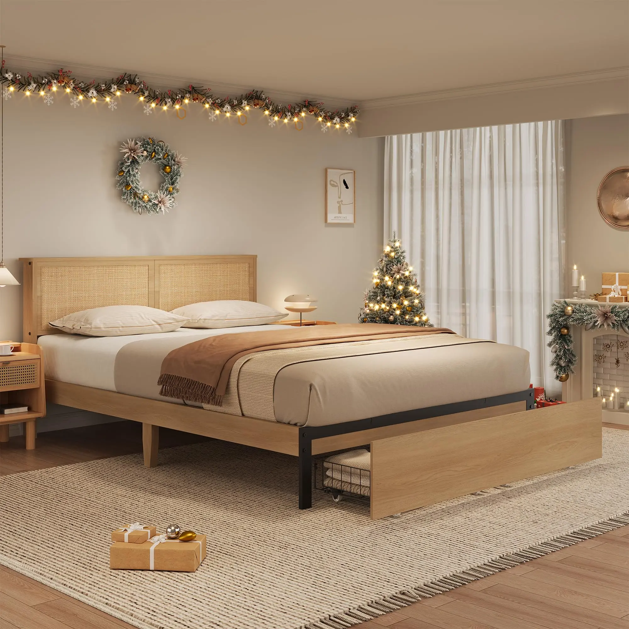 [SummerSale] GAOMON Boho Rattan Platform Bed Frame, Woven Cane Headboard with 2 Large Storage Drawers, Sturdy MDF Wood & Metal Slats, Noise-Free & No Box Spring Needed/Natural Oak Bedroom Furniture/Best Gift Ideas/Christmas Gifts