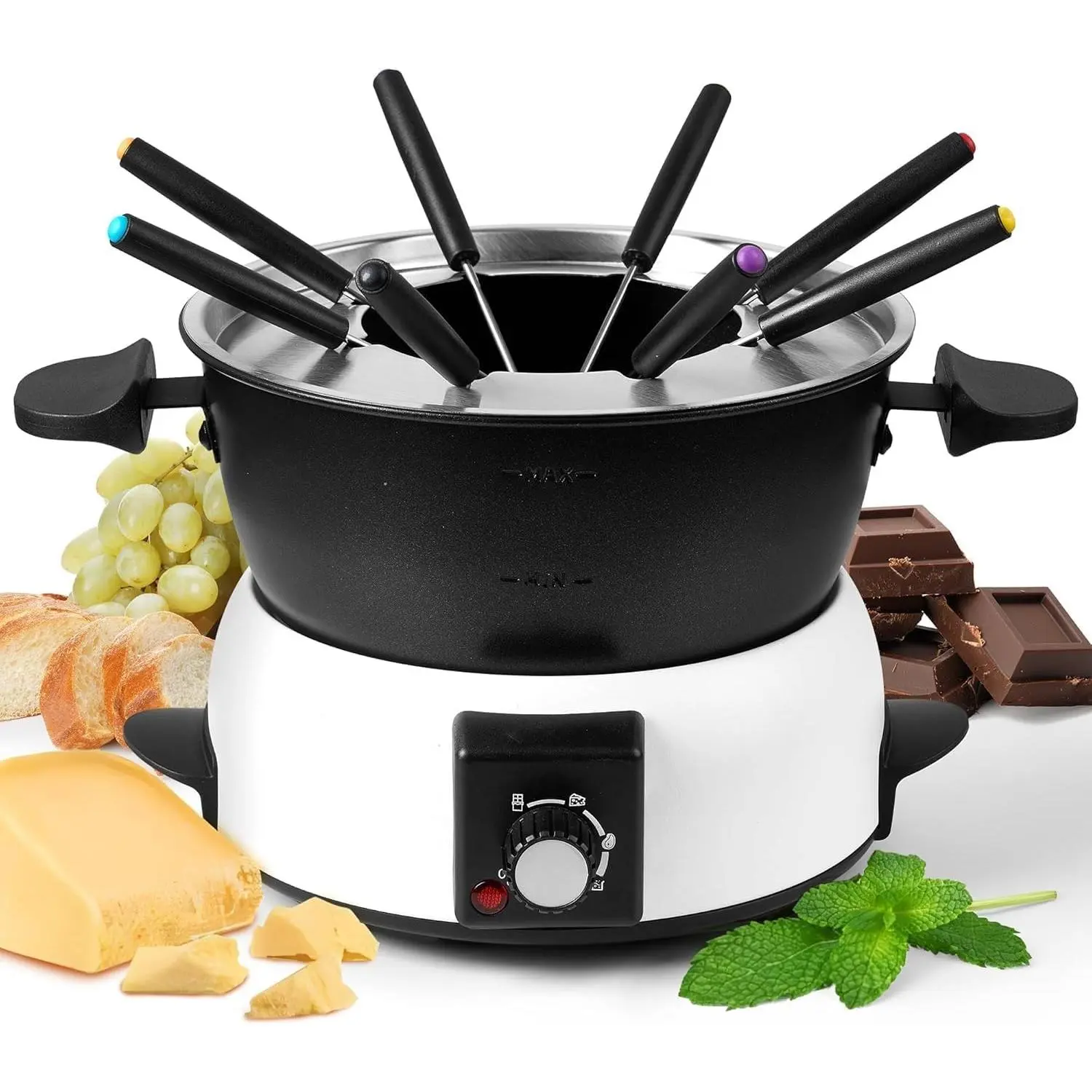 3-Quart Stainless Steel Electric Fondue Pot Set (Model FD-10B) with 8 Color-Coded Forks, 3-Mode Adjustable Temperature Control for Cheese & Chocolate, 8 Forks