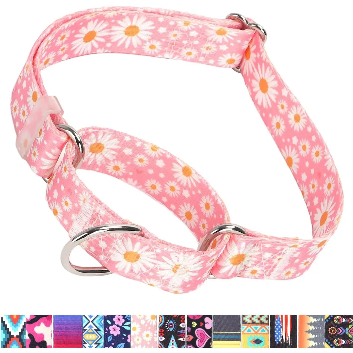 Adjustable Soft Nylon No-Slip Escape Proof No Pull Martingale Dog Training Collar For Small Medium Large Breeds, Pink Daisy M