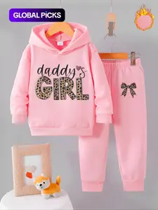 Autumn Winter Girls' Fleece Set & Hoodie Sweatshirt + Jogger Pants Two-Piece, Daddy's Girl Leopard Print, Cute Family Matching Sets