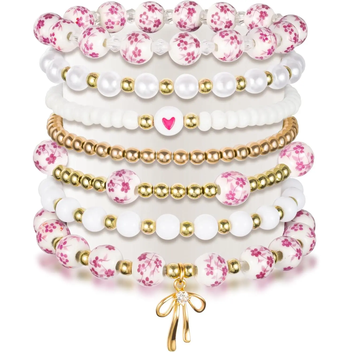 Ceramic Bead Bracelets Gifts for Mother’s Day- 7 count Porcelain Stackable  Wrist Bracelet, Stretch Floral Chain  with Greeting Cards,  Gifts for Women Mom Grandmother