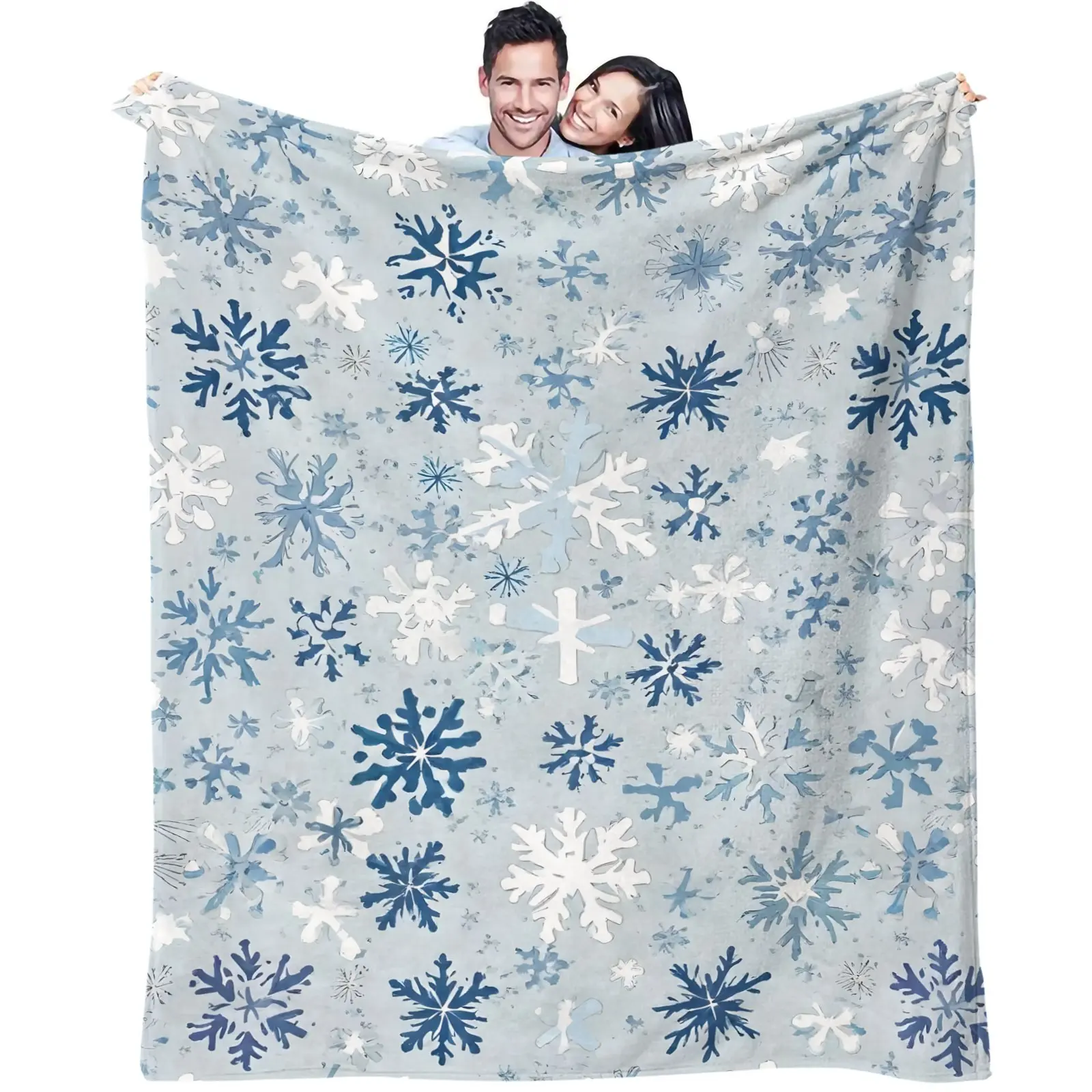 Light Grey Multi Shades Blue White Watercolor Snowflake Flannel Blanket, Throw Blanket, Warm Blanket, Gift Blanket, Soft Plush Microfiber Digital Print Blanket, Machine Washable Multi Use Blanket for Sofa Car Travel Camping Bed Nap Winter Decor Gift