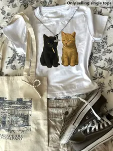 2026 Summer Retro Alt Tee | Unique Black & Yellow Smoking Cat Graffiti Print | Lightweight Breathable Cool & Soft | Crew Neck Slim Crop Top | Y2K Grunge / Sweet Cool / Streetwear | Daily / Music Fest / Party / Photogenic | Top Only
