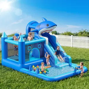 Summervibes Flash sale toy items Vivid Shark Style Inflatable Water Bouncy Castle, Multi-Activity Play Center with Slide, Climbing Wall, Trampoline, Splash Pool & Basketball Hoop, Perfect Summer Toy for Kids Backyard Gatherings,Birthday Parties and Holidy