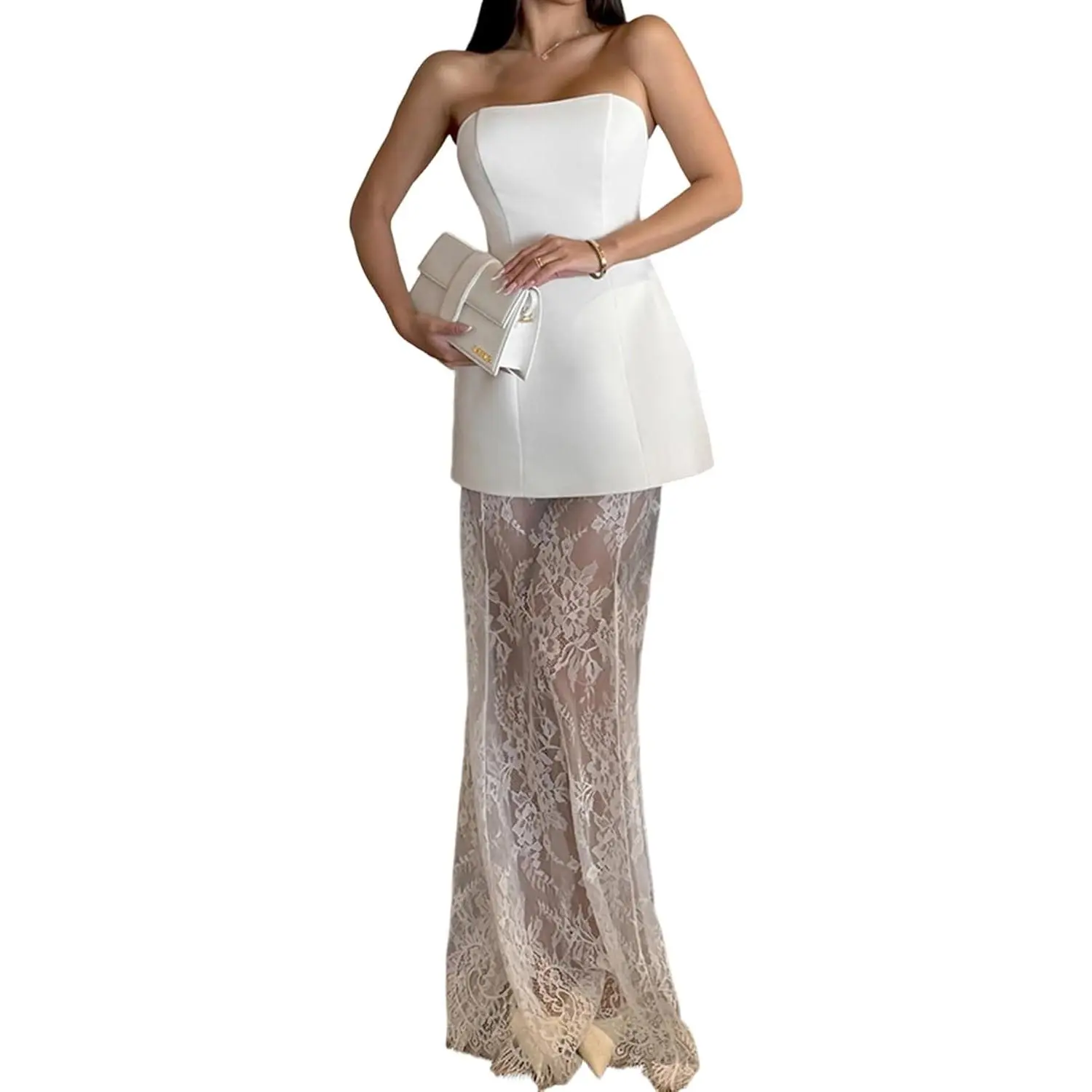 Women's 2 Piece Cocktail Dresses Strapless Tube Top Lace Maxi Skirt Formal Wedding Guest Dress Summer 2026