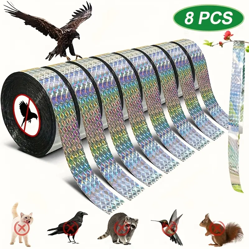 8 Rolls 400m Bird Repellent Reflective Tape Double Sided Flash Ribbon Weather Resistant Tearproof Visual Bird Scare Tape for Orchard Garden Pigeon Goose Woodpecker Duck, Halloween Christmas Shiny Decor Ribbon Non-Toxic Non-Electric