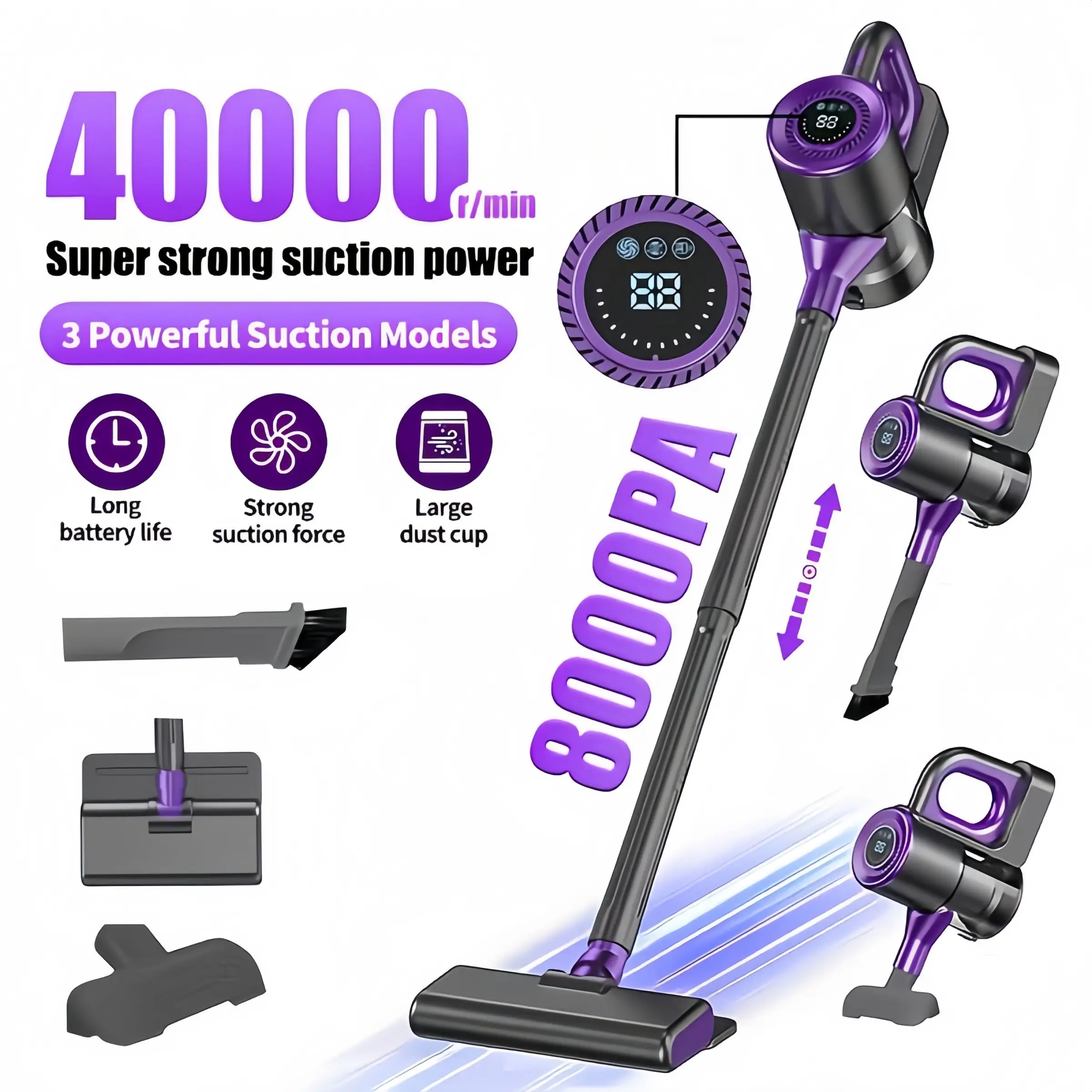 4-In-1 Handheld Stick Vacuum Cleaner, Super Lightweight Handheld Vacuum - 8000 Pa Strong Suction, 40000RPM High-Speed Motor, 43.96 Oz Large Dust Cup, Multiple Modes & Vacuuming & Mopping & Sweeping, Suitable for Home, Carpet, Powerful Stick Vacuums