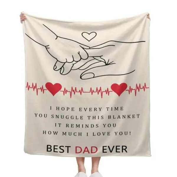 Chunky Knitted Chenille Flannel Throw Blanket, Minimal Line Art Father-Child Hand-Holding Heart ECG Design, Glam Adult Gift with Letters, Wrinkle-Resistant, Beige/Black (30x40in,40x50in,50x60in,60x80in) for Father's Day Christmas