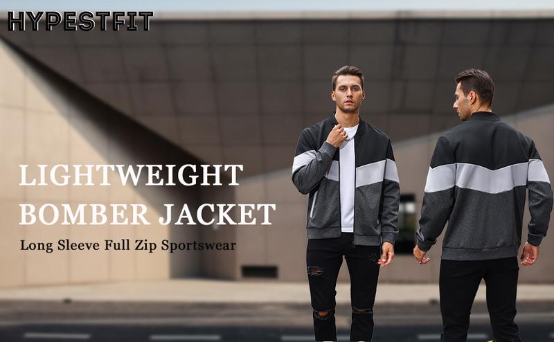 HYPESTFIT Men's Lightweight Bomber Jacket Trendy Fall Streetwear Essential Casual Oversized Zip-Up Coat Sporty Classic Brown & Black
