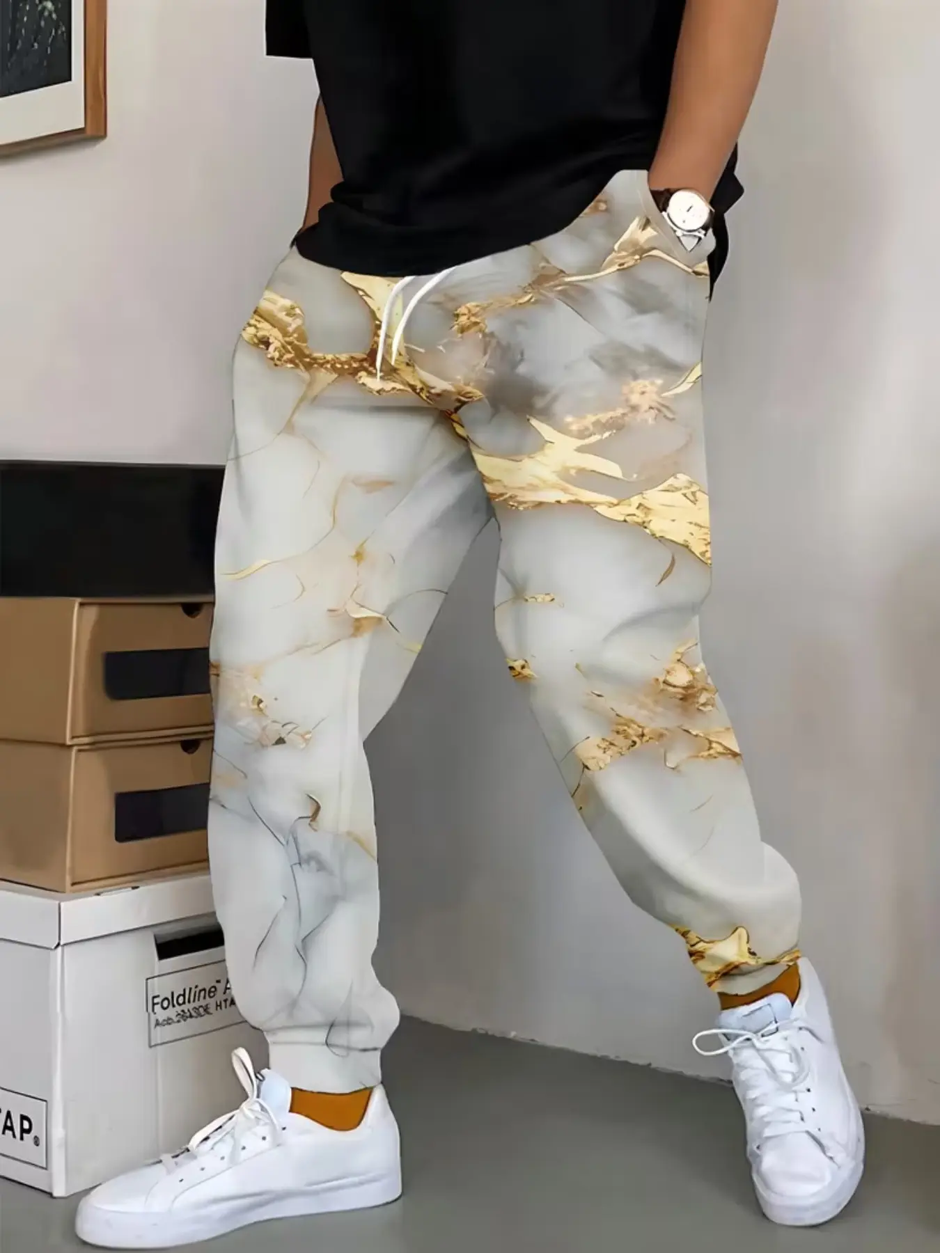 Men's Printed Casual Long Pants, Marble Texture Base, Branch Pattern, Luxurious Artistic Design, Ideal for Travel